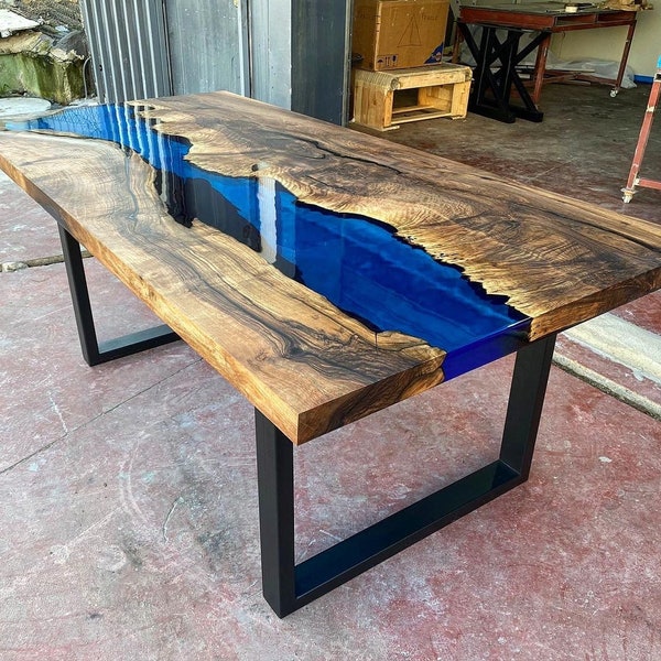 Custom Order Dark Walnut Blue Transparent Epoxy Table - Resin Table - River Table- Dining Table- Coffee Table - Office Table - %100 HANDMADE