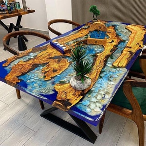 Custom Order Olive Wood River Blue Beige Turquoise Aquarium Epoxy Table-Resin Table- Dining Table-Coffee Table-Ocean Sea Table-%100 HANDMADE