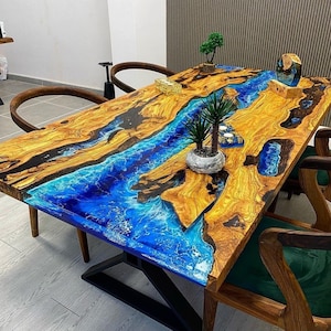 Custom Order Olive Wood Blue River Epoxy Table- Dining Table - Natural Resin Table- Coffee Table - Office Table -Ocean Table - %100 HANDMADE