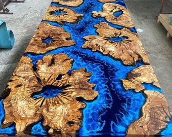 Custom 3D Ocean Sea Theme Decorative Resin River Epoxy Dining Table, Special Wooden Olive Tree Pieces Table, Handmade Table, Coffee Table