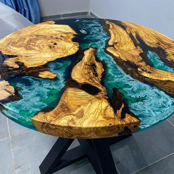 Custom Order Olive Blue Emerald Green White Ocean Round Epoxy Resin Dining Table- Coffee Table-Sea Table-Diameter Epoxy Table- %100 HANDMADE