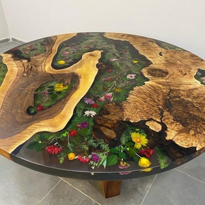Custom Order Flowers Dark Walnut Round Diameter Smoke Grey Epoxy Resin Table - Dining Table - Coffee Table - Office Table- %100 HANDMADE