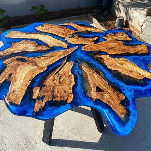 Custom Order Olive Wood Live Round Edge Blue White Ocean Sea Epoxy Table- Resin Table- Epoxy Dining Table- Epoxy Coffee Table- %100 HANDMADE