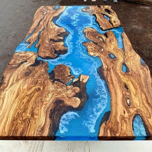 Custom Order Olive Wood Sea Ocean Bright Blue Gold Epoxy Resin Dining Table -Coffee Table -River Table-End Table- Live Edge - %100 HANDMADE