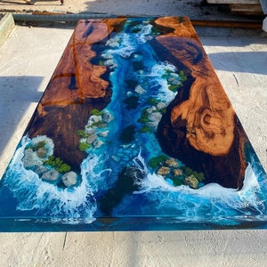 Custom Order Chestnut Wood Blue Ocean Epoxy Dining Table, Resin Coffee Table, Aquarium Epoxy Table, Handmade Personalized Dining Table Top