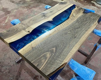 Ready To Ship- 28”x48” Walnut Wood Blue River Epoxy Dining Table- Coffee Table- Ocean Table-%100 HANDMADE