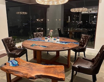 Custom Order Dark Walnut Live Edge Blue Ocean River Round Diameter Epoxy Table / Bench Set - Special Walnut Legs -Dining Set -%100 HANDMADE