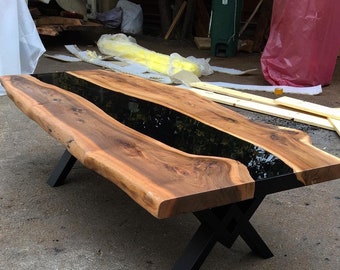 Mesa de nogal, negro y marrón epoxi, hecha a medida, con borde natural, mesa de río, mesa de comedor, mesa de centro, mesa de cocina y oficina. ¡100% artesanal!