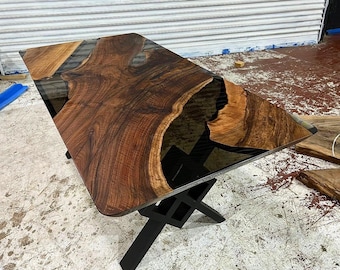 Mesa de epoxi marrón gris ahumado de nogal oscuro especial, mesa de borde vivo, mesa de río, mesa de comedor, mesa de café, mesa de cocina, 100 % HECHA A MANO