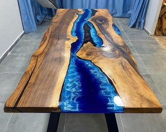 Custom Order Walnut Wood Ocean Sea Live Edge Blue White River Epoxy Table-Dining Table-Kitchen Table-Coffee Table-Office Table-%100 HANDMADE
