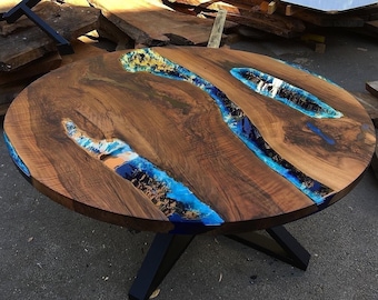Custom Order Walnut Diameter Round Blue River Epoxy Table,Ocean Sea Table- Dining Table,Coffee Table, Conference Office Table, %100 HANDMADE