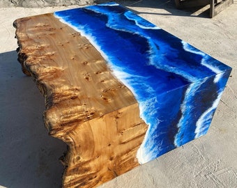 Custom Order Poplar Wood Live Edge Blue White Waterfall Epoxy Table- Glossy Waterfall Table- Resin Waterfall Table- Epoxy Resin Coffee Table