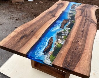 Custom Order Walnut Brown Aquarium Ocean Blue Epoxy Dining Table -Live Edge-River Table-Dining Table- Coffee Table-Walnut Legs-%100 HANDMADE