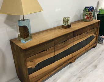 Custom Order Walnut Wood Smokey Gray Epoxy Credenza Tv Unit -Natural Wooden-Media Console-Navy Epoxy Console -Tv Stand-Console-%100 HANDMADE