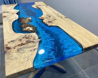 Custom Order White Poplar Wood Blue İce Sea Ocean Blue River Epoxy Dining Table- Kitchen Table-Epoxy Coffee Table-Office Table-%100 HANDMADE