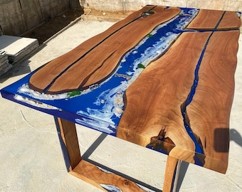 Custom Order Walnut Wood Blue White Ocean Sea Aquarium Epoxy Resin Table- Wooden Legs- Epoxy Coffee Table- Resin End Table- %100 HANDMADE