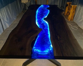 Custom Order 3D Live Edge Walnut Wood Blue White Ocean Sea Led Fluorescent Epoxy Dining Table- Light Table- Epoxy Coffee Table-%100 HANDMADE