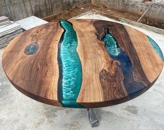 Custom Order 3D Walnut Wood Green White Ocean Sea Round Epoxy Resin Dining Table- Coffee Table-Sea Table-Diameter Epoxy Table- %100 HANDMADE