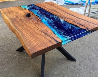 Custom Order 3D Walnut Transparent Turquoise Blue Epoxy Table -River Table-Dining Table-Coffee Table-Kitchen Table-Dining Room-%100 HANDMADE