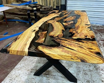 Custom Order Special Olive Wood Smokey Gray Center Epoxy Table-Live Edge-River Table- Dining Table- Coffee Table-Kitchen Table-%100 HANDMADE