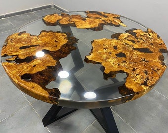 Custom Order Glossy Diameter Round Olive Wood Clear Transparent Epoxy Dining Table-Epoxy Coffee Table-Office Table-Resin Table-%100 HANDMADE