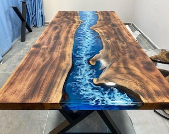 Custom Order Special Old Walnut Wood Dark Brown 3D Blue White Epoxy Dining Table - River Table- Coffee Table-Kitchen Table-%100 HANDMADE