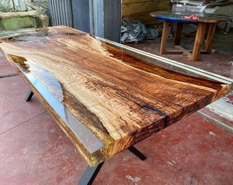 Custom Order Straight Edge Chestnut Wood Transparent Clear Epoxy Table- Coffee Table -Dining Table -Single Piece -End Table -%100 HANDMADE
