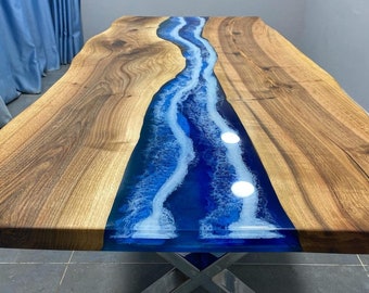 Custom Order Walnut Wood Live Edge Blue White Ocean Epoxy Dining Table- Coffee Table- Resin Table-Epoxy End Table-Wooden Table-%100 HANDMADE