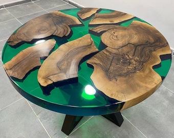 Custom Order Walnut Transparent Emerald Green Round Diameter Epoxy Dining Table - Coffee Table -Epoxy End Table-Office Table - %100 HANDMADE