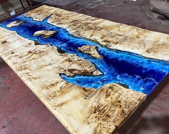 Custom Order Poplar Wood Blue White Epoxy Table- Resin Dining Table- Resin Coffee Table- Live Edge Table- Wooden Epoxy Legs- %100 HANDMADE