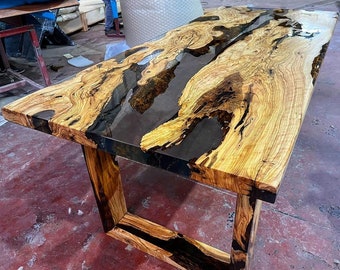 Mesa de centro, mesa de comedor, mesa de cocina, mesa auxiliar, hecha a mano, de madera de olivo gris ahumado, epoxi transparente, pedido personalizado