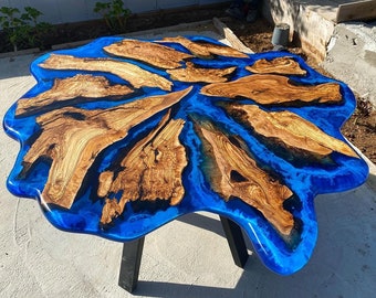 Custom Order Olive Wood Live Round Edge Blue White Ocean Sea Epoxy Table- Resin Table- Epoxy Dining Table- Epoxy Coffee Table- %100 HANDMADE