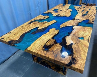 Custom Order 3D Olive Wood Blue Green Metallic Epoxy River Dining Table- Resin Coffee Table- Epoxy End Table- Kitchen Table-%100 HANDMADE