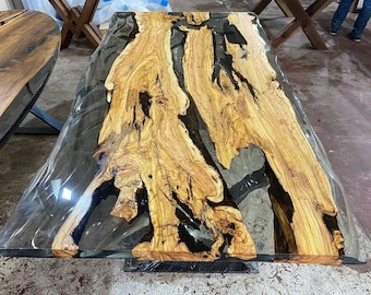 Custom Order Special Edges Olive Wood River Transparent Clear Epoxy Resin Dining Table-Coffee Table -End Table - Resin Table - %100 HANDMADE