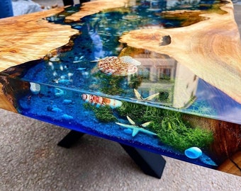 Custom Poplar Wood River Blue Green Tropical Design Aquarium Epoxy Table- Resin Table- Dining Table- Coffee Table-Ocean Table-%100 HANDMADE