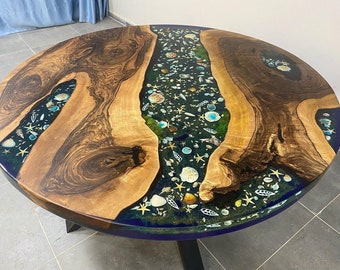 Custom Order Dark Walnut Wood Blue Round Diameter Tropical Design Aquarium Epoxy Table-Resin Table-Dining Table-Coffee Table-%100 HANDMADE