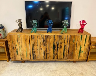 Custom Order Oak Wood Blue Green Epoxy Credenza Tv Unit -Wooden Unit-Media Console-Epoxy Console-Tv Stand-Entertainment Center-%100 HANDMADE