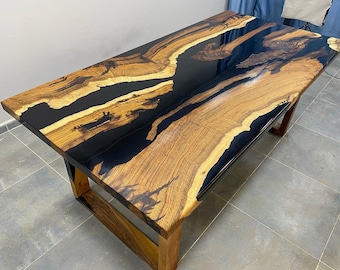 Custom Order Hackberry Dark Wood Black Epoxy Dining Table-Resin Coffee Table-River Table-Resin Table-Kitchen Room Table-Table-%100 HANDMADE