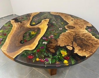 Mesa de resina epoxi gris ahumado de diámetro redondo en nogal oscuro con flores personalizadas - Mesa de comedor - Mesa de centro - Mesa de oficina - 100 % HECHA A MANO