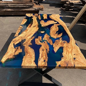 Custom Order Colors Blue Green Transparent Olive Wood Epoxy Table -Coffee Table - Office Table -Kitchen Table - Dining Table - %100 HANDMADE