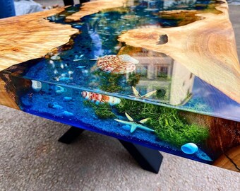 Custom Order Poplar Wood River Blue Green Tropical Design Aquarium Epoxy Table-Resin Table-Dining Table-Coffee Table-Ocean-%100 HANDMADE