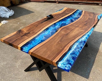 Custom Order 3D Dark Walnut Blue River Epoxy Table- Dining Table - Kitchen and Dining - Coffee Table-Office Table-Curved Edge -%100 HANDMADE