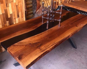 Custom Order Walnut Black Epoxy Table - Rustic Design - Live Edge - River Table- Dining Table- Coffee Table-  Kitchen Table - %100 HANDMADE