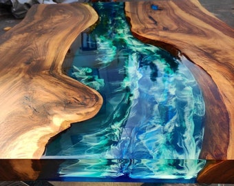 Custom 3D Wawes Dark Walnut Emerald Green Blue Ocean Epoxy Table -Live Edge-River Table- Dining Table - Coffee Table-Sea Table-%100 HANDMADE