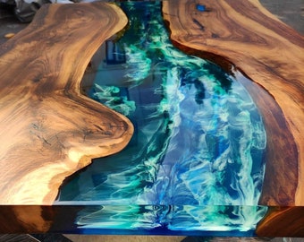 Custom Order 3D Dark Walnut Emerald Green Blue Ocean Epoxy Table -Live Edge-River Table- Dining Table- Coffee Table-Sea Table- %100 HANDMADE