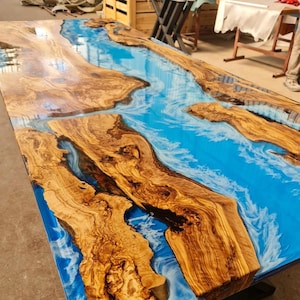 Custom Order Olive Wood Blue White Ocean Sea Epoxy Dining Table- Epoxy Coffee Table-Resin Table-End Table- Conference Table- %100 HANDMADE