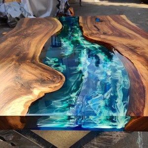 Custom 3D Wawes Dark Walnut Emerald Green Blue Ocean Epoxy Table -Live Edge-River Table- Dining Table - Coffee Table-Sea Table-%100 HANDMADE