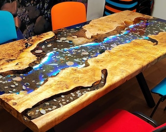 Custom Poplar Led 3D River Blue Green Tropical Design Aquarium Epoxy Table-Resin Table- Dining Table- Coffee Table-Ocean Table-%100 HANDMADE