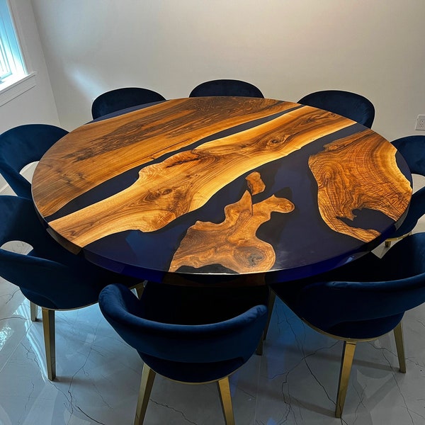 Custom Order Diameter Transparent Walnut Blue Round Epoxy Coffee table- Dining table-Office Table- Kitchen and dining - Resin- %100 HANDMADE