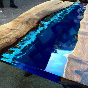 Custom Order Walnut Wood River Deep Blue Coastal Design Aquarium Epoxy Table-Sea-Resin Table-Dining Table-Coffee Table-Ocean-%100 HANDMADE